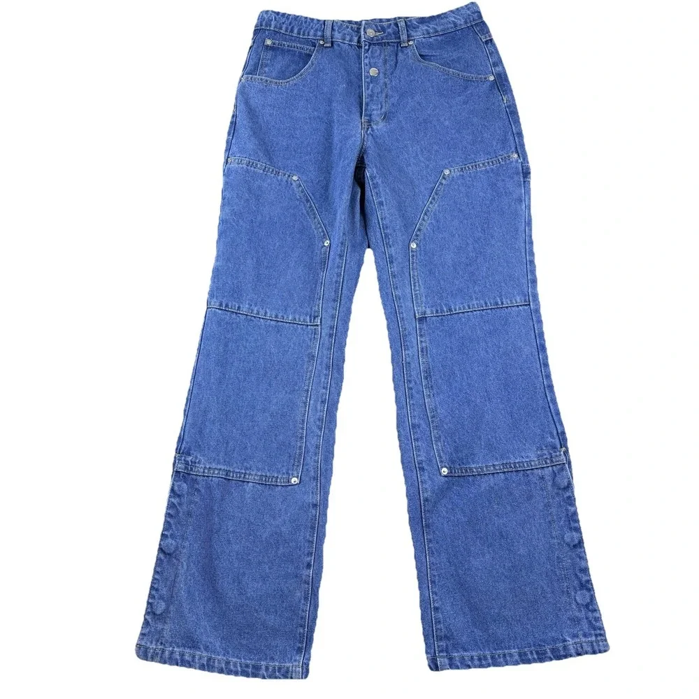 Mens Denim Cargo Jeans Blue‎ Medium Wide Leg Snaps Streetwear Utility Y2K Skater